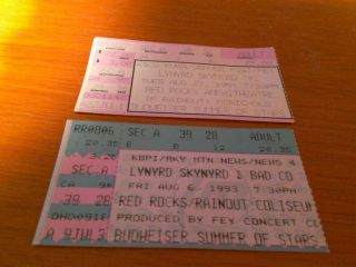 Lynyrd Skynyrd Concert Ticket Stubs 1991 & 1993 At Red Rocks Denver,  Co