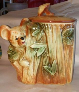 Vintage Mccoy Pottery 1950s Koala Bear Cookie Jar Bamboo Tree Mushroom Lid