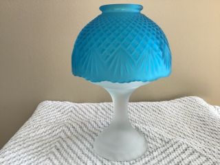Vintage L.  E.  Smith Glass Fairy Lamp Satin Bottom Blue Pineapple Pattern Shade