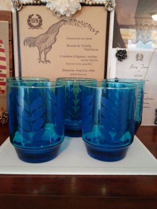 Vintage Set Of 5 Blue Turquoise Drinking Glasses Barware 12oz