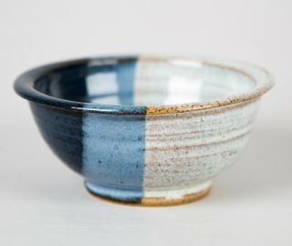 Vintage Stoneware Pottery Small Bowl Dish Blue & White Stripe Signed 5 "