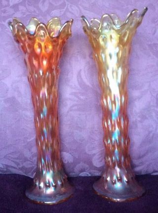 2x Antique 14 " Marigold Fenton Mid Size Rustic Variant Carnival Glass Vases