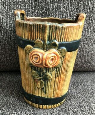 Antique Weller Art Pottery Woodrose Bucket Vase 5.  25 " Tall Wood Rose Vintage