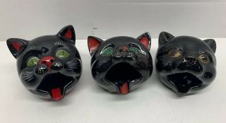 Vintage Shafford Redware Black Cat Head Ashtrays Set Of 3