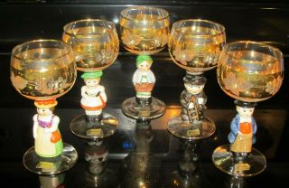 5 Hummel Goebel Figurine Wine Glasses German Germany E & A Bockling Neudenau