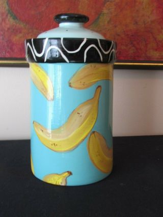 Signed Droll Designs Banana Hand Painted Canister 9 1/2 "