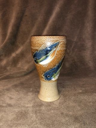 Rock Hard Stoneware Salt Glaze Goblet / Vase With Fish 7 - 1/2 " Tall