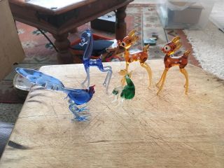 5 X Murano Glass Animals 3 Reindeer And 2 Birds
