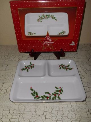All The Trimmings 3 Section Serving Dish Holly Berries Christmas Japan