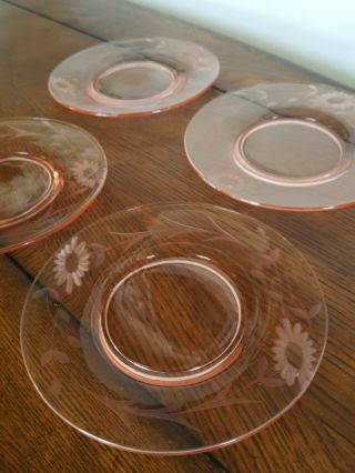 Set Of 4 Pink Depression Etched Glass 6 " Plates - Bread And Butter Plates