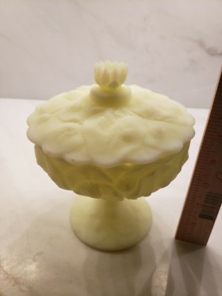 Vintage Fenton Yellow Custard Glass Compote Lily Pad Candy Dish W/ Lid Signed