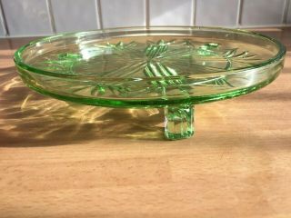 Vintage Art Deco Green Glass Footed Cake Plate - Cake Stand - Width 8.  75”