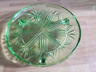 Vintage Art Deco Green Glass Footed Cake Plate - cake Stand - Width 8.  75” 2