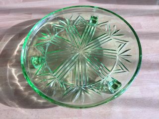 Vintage Art Deco Green Glass Footed Cake Plate - cake Stand - Width 8.  75” 4