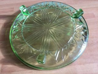 Vintage Art Deco Green Glass Footed Cake Plate - cake Stand - Width 8.  75” 5