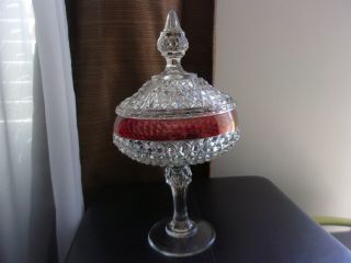 Vintage Ruby Red Flash Kings Crown Diamond Point Lidded Candy Dish,  Bowl