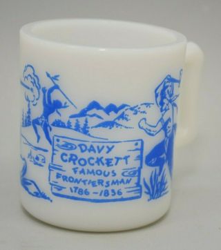 Vintage Davy Crockett Milk Glass Cup Coffee Mug Blue & White Famous Frontiersman