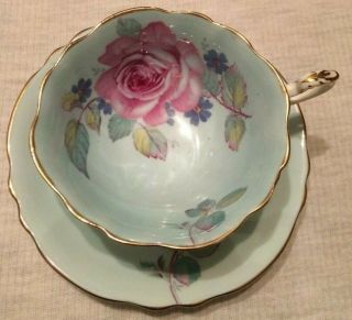 Vintage Paragon Light Turquoise Blue Scalloped Tea Cup & Saucer Large Pink Rose