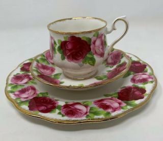 Royal Albert Old English Rose Teacup,  Saucer Plate Trio Vintage Red Pink Floral