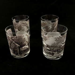 Set Of 4 Currier And Ives Glasses - Lithographic Print Series