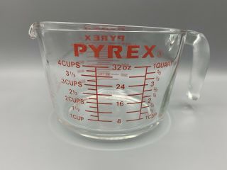 Vtg Pyrex Glass 4 Cup 1 Quart & Metric Measuring Cup 532 Open Handle Red Letters 3