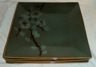 4 Pier 1 Tranquil Stoneware Cherry Blossoms Square Dinner Plates 10 5/8” 3