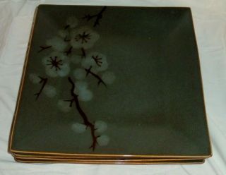 4 Pier 1 Tranquil Stoneware Cherry Blossoms Square Dinner Plates 10 5/8” 4