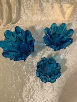 Murano Cobalt Blue Glass Vintage Nesting Set Of 3 Handblown Collectable 1960’s 3