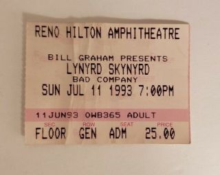 Lynyrd Skynyrd & Bad Company 7/11/93 Reno Hilton Amphitheatre Ticket Stub