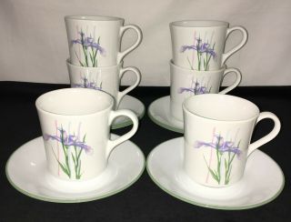 6 Corelle Stoneware Shadow Iris 3 1/2 " Cups & Saucers Green Rim