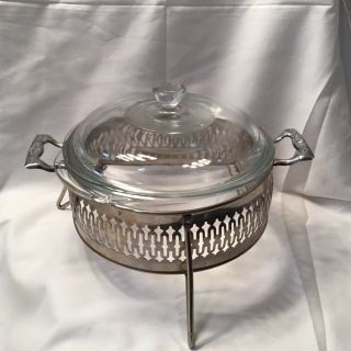 Vintage Pyrex Clear Glass Round Casserole Dish With Lid And Stand 1 1/2 Qt