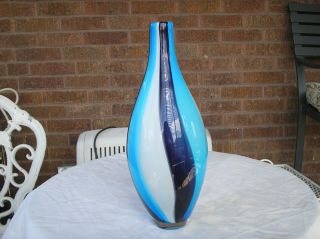Murano Art Glass Blue And White An Black Stripe Large Tall Bud Vase