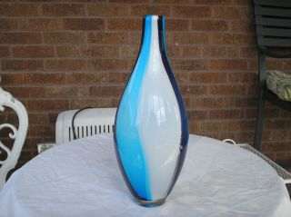 Murano Art Glass Blue And White An Black Stripe Large Tall Bud Vase 2