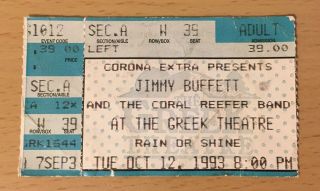 1993 Jimmy Buffett And The Coral Reefer Band Los Angeles Concert Ticket Stub