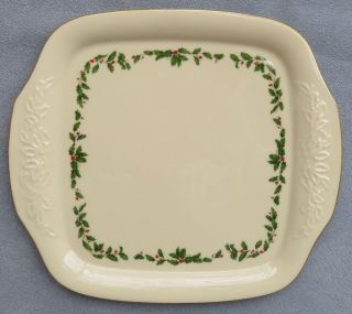 Lenox Holiday Holly Berry Gold Trim Square Embossed 2 Handle Cake Plate Tray