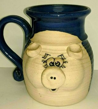Vintage Stoneware Pottery 3d Ugly Funny Face Pig Coffee Cup Mug Blue