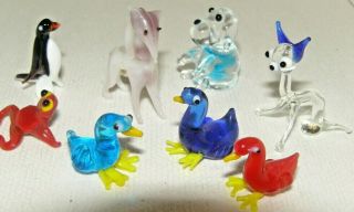 Gorgeous Tiny Murano Glass Animals Frog,  Dog,  Cat,  3 Birds,  Horse & Penguin,  Total 8