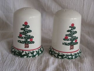 Furio Italy Christmas Pine Tree Green Sponge Rim Stoneware Salt & Pepper Set