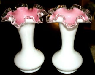 Vintage Two Fenton White & Pink Cased Silver Crested Crimped Ruffled Edge Vases