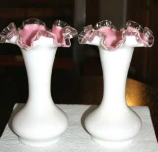 Vintage TWO Fenton White & Pink Cased Silver Crested Crimped Ruffled Edge Vases 2