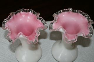 Vintage TWO Fenton White & Pink Cased Silver Crested Crimped Ruffled Edge Vases 3