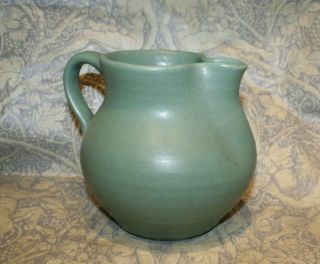 Antique Zanesville Stoneware Pottery Pitcher Green Matte Arts & Crafts 1920 
