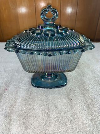 Vintage Indiana Glass Co Blue Carnival Glass Candy Dish With Lid Lace Trim