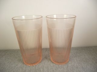 2 Jeannette Glass Pink Homespun 5.  4 " Flat Iced Tea Tumblers Depression Glass