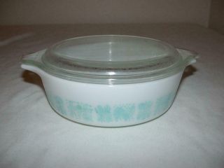 Vintage Pyrex White W/ Turquoise Butterprint 1 Pt Casserole Dish W/ Lid 471,  470