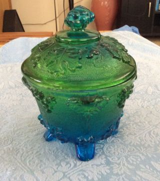 Vintage Jeannette Glass Green Blue Depression Grape Pattern Footed Candy Dish