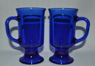 Vin Set Of 2 Cobalt Blue Glass Coffee Footed Mugs W/handle - Anchor Hocking