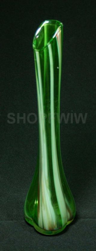Vintage Mid - Century Green Swung Art Glass Bud Vase,  Orange Brown White Streaks