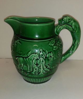 Antique Wedgwood Pottery Etruria & Barlaston Green Pitcher Horses & Dog Handle