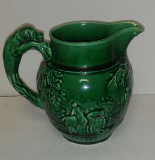 Antique Wedgwood Pottery Etruria & Barlaston Green Pitcher Horses & Dog Handle 3
